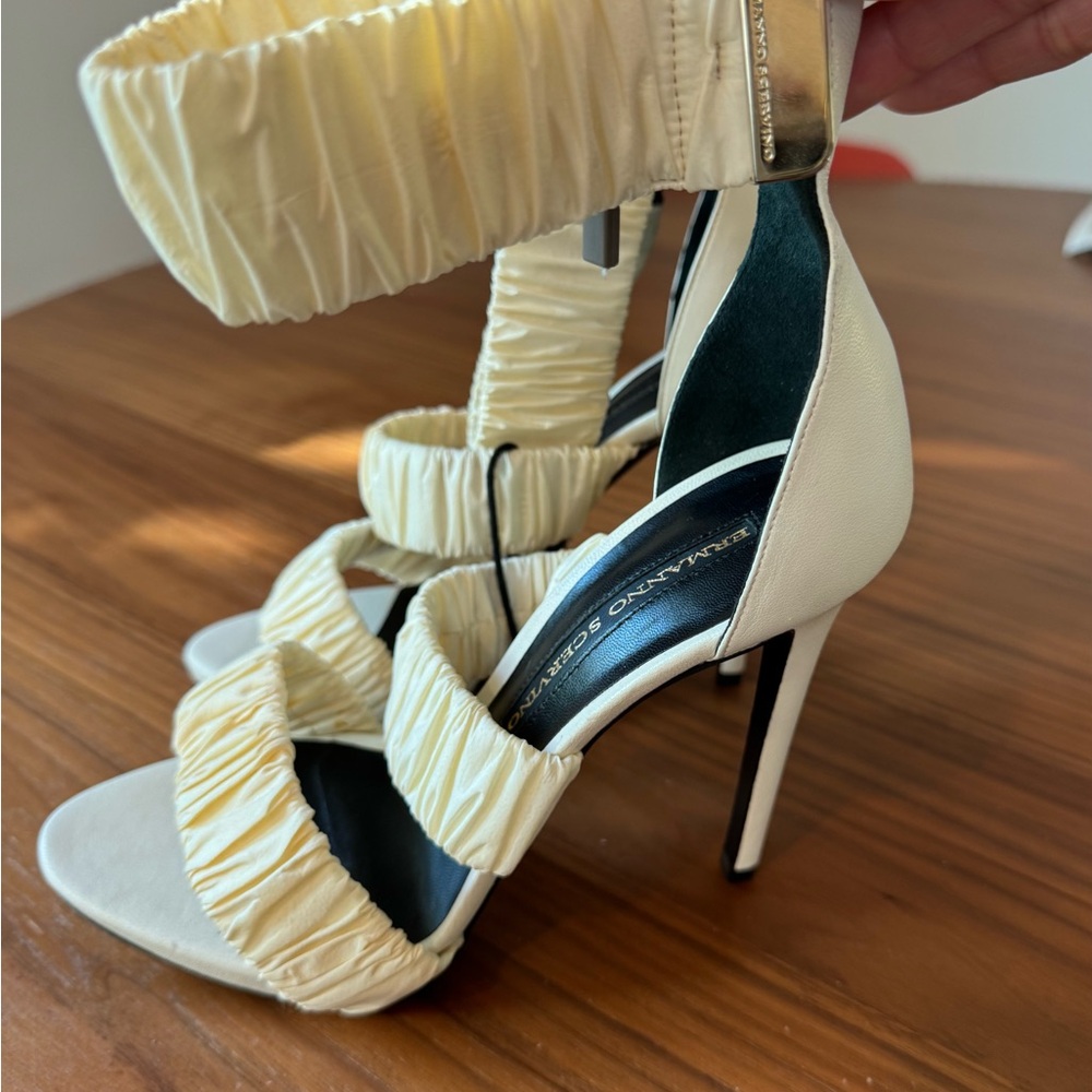 Ermanno Scervino Cream High-Heeled Sandals with Ruched Straps